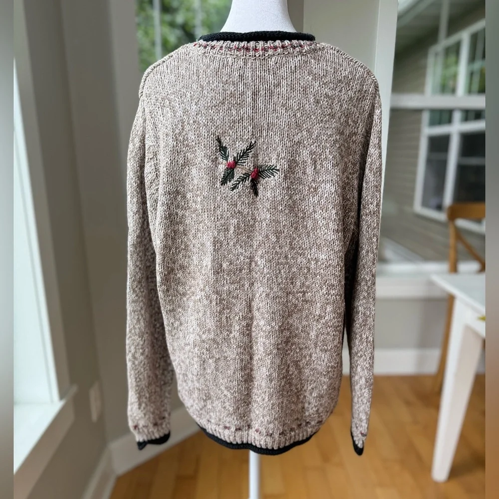 Vintage C.J. Banks Heather Brown Black Red Hand Embroidered Cardinal Sweater X